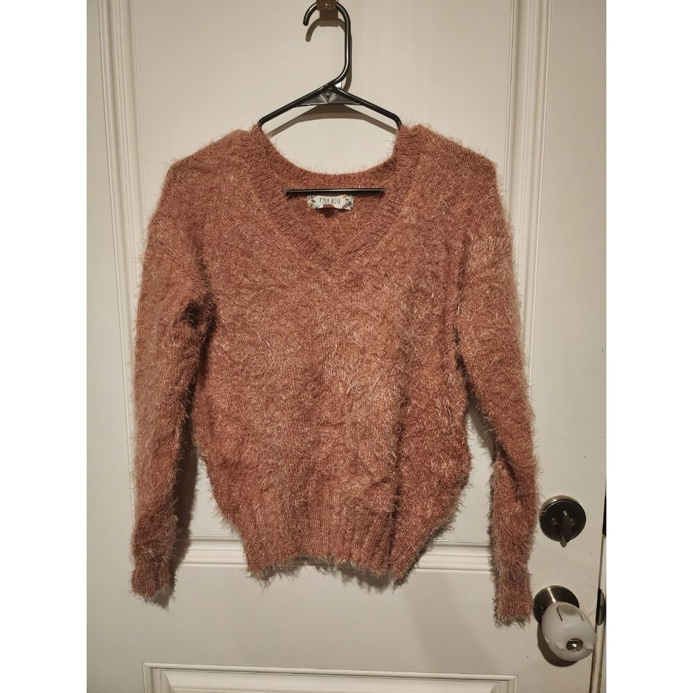Pink Rose Women's Eyelash Sweater Soft Fuzzy, Size Medium, V-Neck, Pullover